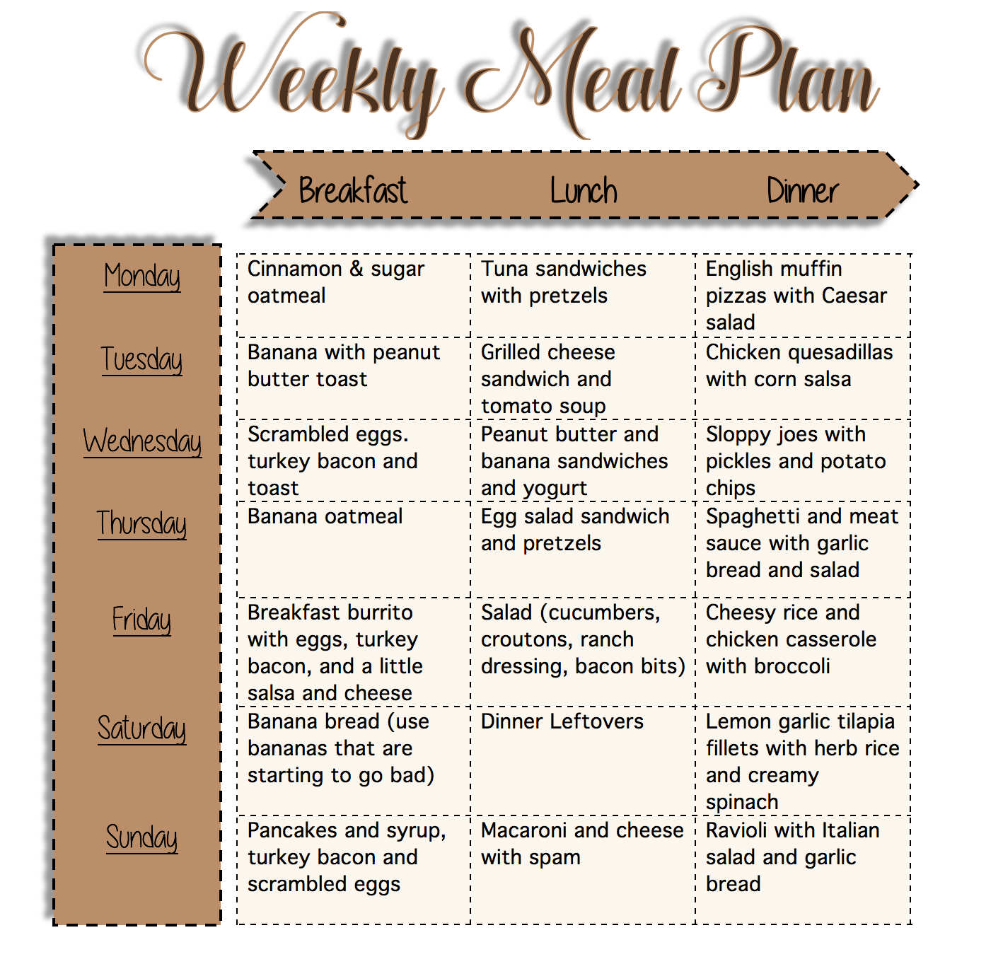 Weekly Meal Plan Printable - Prudent Penny Pincher