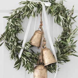 fresh greenery Farmhouse Christmas Wreath with hanging vintage bells