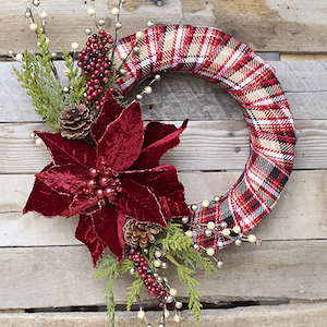 Easy ribbon Christmas Wreath with a poinsettia and floral picks 