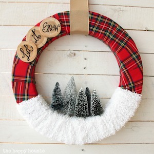 Let it Snow ribbon christmas Wreath with faux snow and christmas trees 
