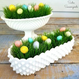 Milk Glass Easter Grass and Eggs Centerpieces