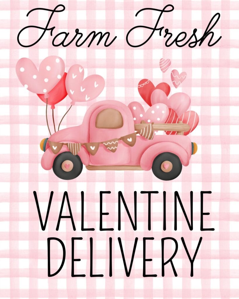  a pink vintage truck with heart-shaped balloons and the text 'Farm Fresh Valentine Delivery.