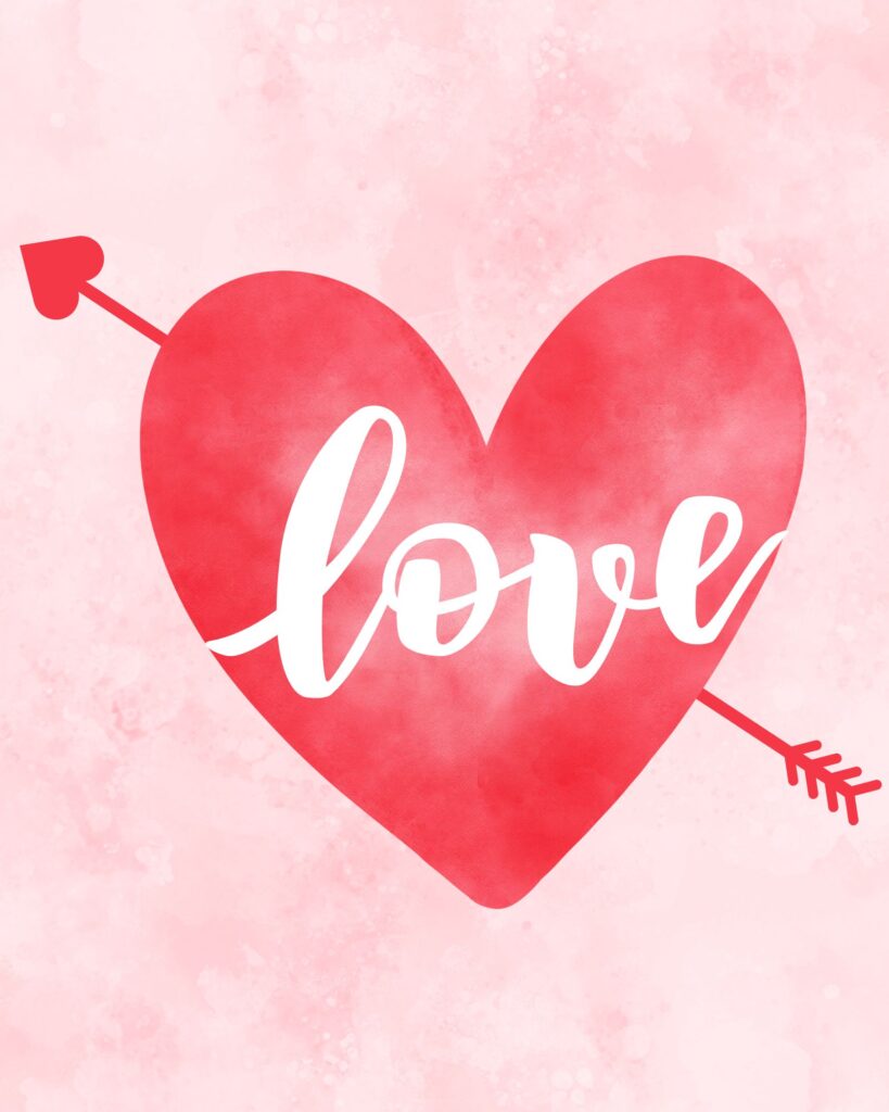 A minimalist Valentine's Day printable featuring a red heart with an arrow on a soft pink watercolor background and the word 'Love.