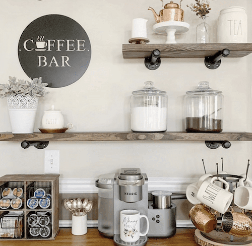 Farmhouse Coffee Bar with DIY floating shelf and mug rack