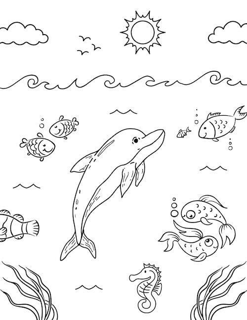 dolphin swimming to the surface coloring page