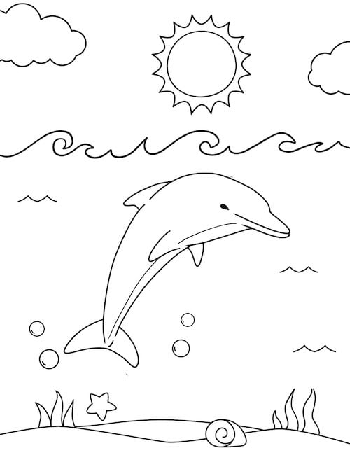 dolphin coloring page in the ocean with waves
