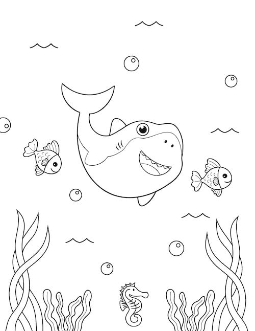 happy baby shark with fish friends