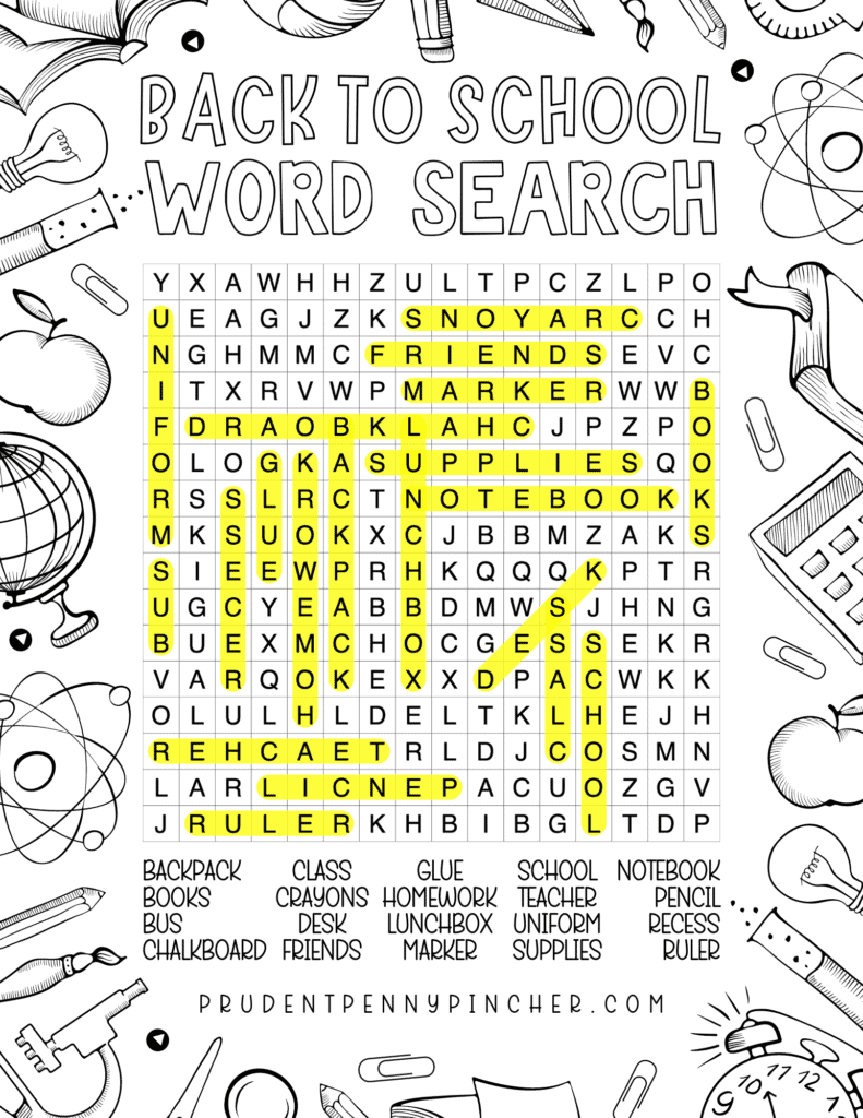 back to school word search answer key for hard difficulty puzzle