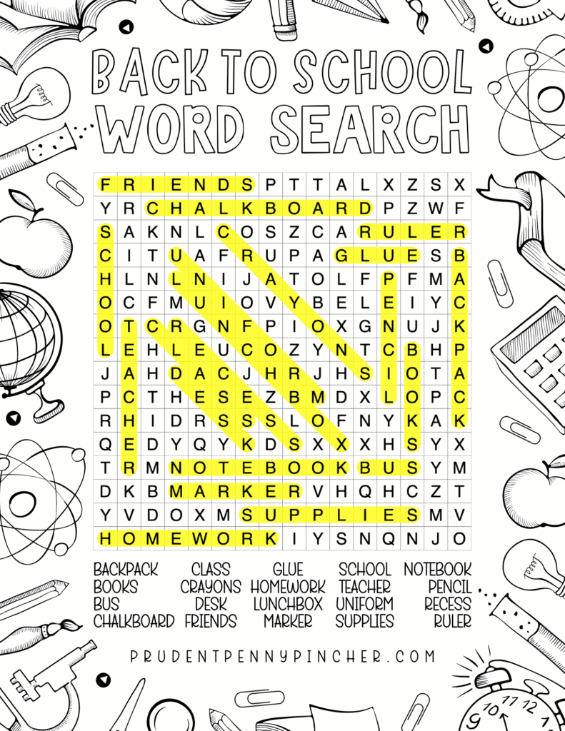 back to school word search answer key for medium difficulty puzzle