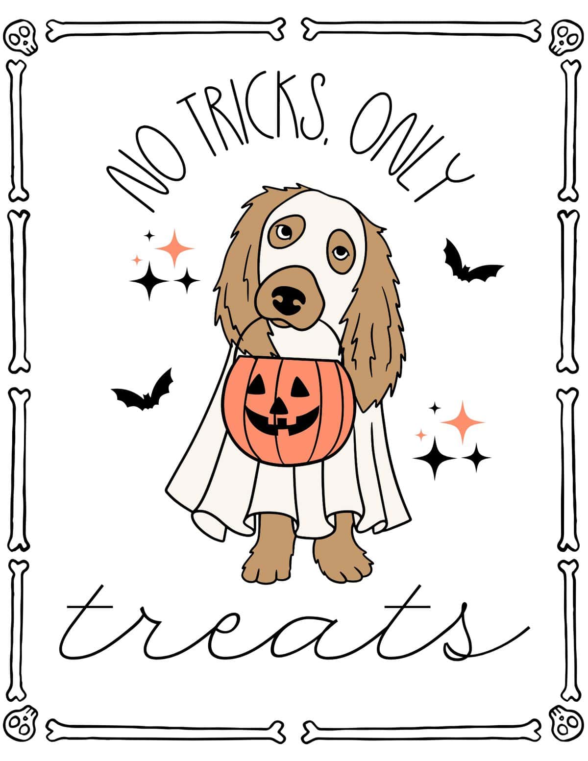 No Tricks, Only Treats" with dog in a ghost costume