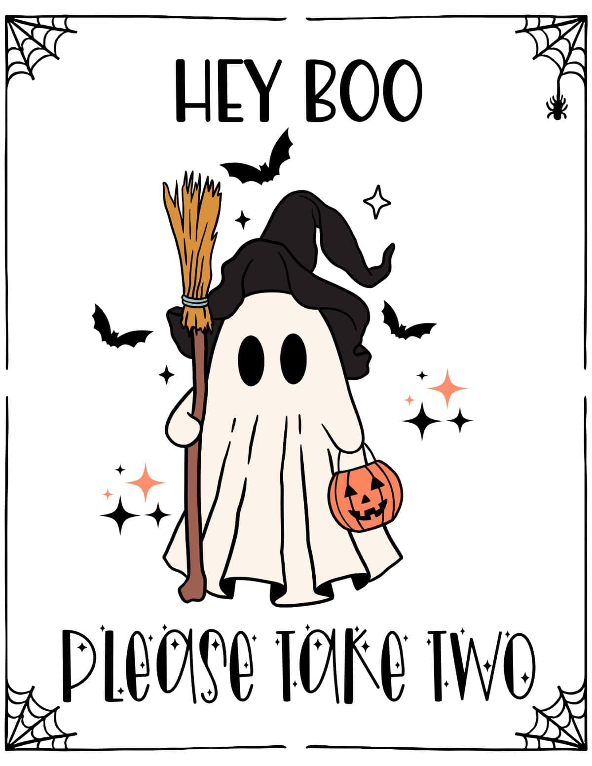 Ghost in a witch costume "Hey Boo please take two treats" Sign