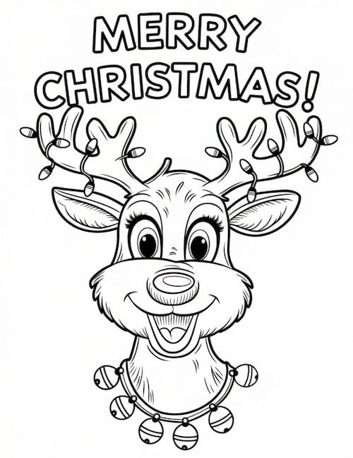 Festive Reindeer Head with Christmas Lights Coloring Page