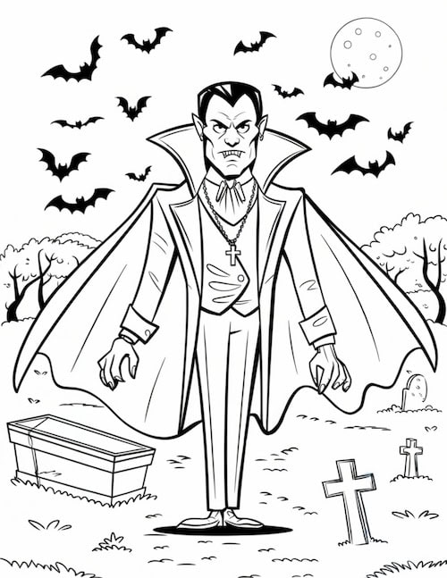 A menacing vampire surrounded by bats and gravestones