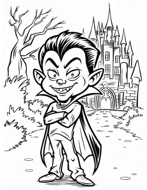 Kid Vampire in front of a castle coloring page