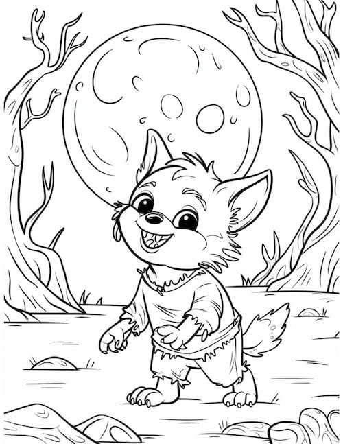 Little Werewolf Exploring the Woods Coloring Page