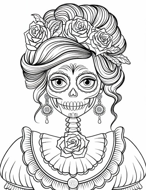 Elegant Day of the Dead Lady Coloring Page