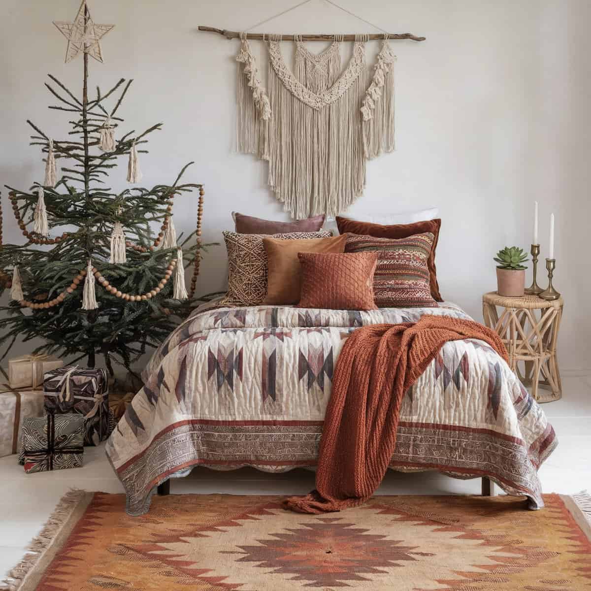 Christmas Boho Bedroom with Earthy Tones