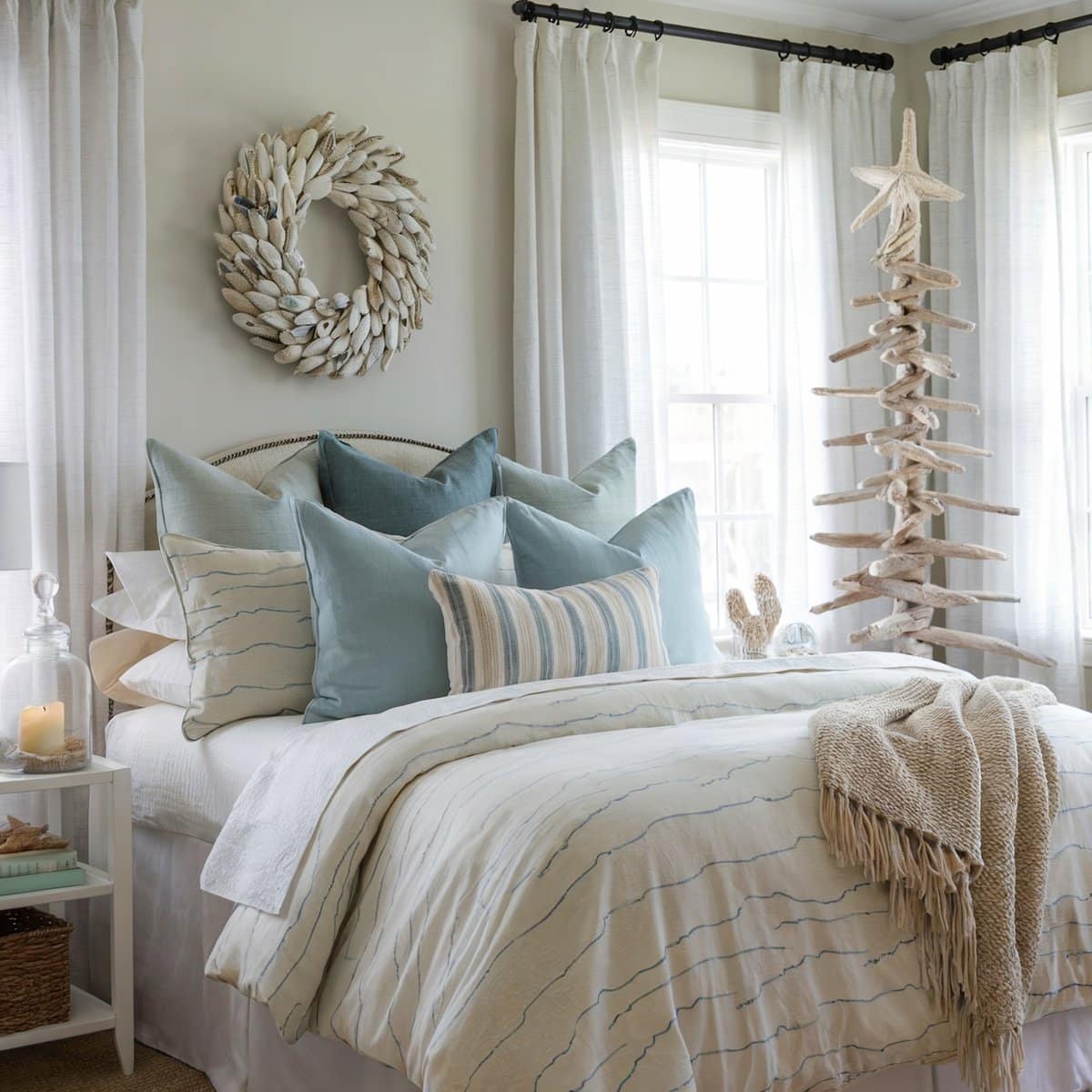 Coastal Holiday Bedroom Decor with Driftwood Accents