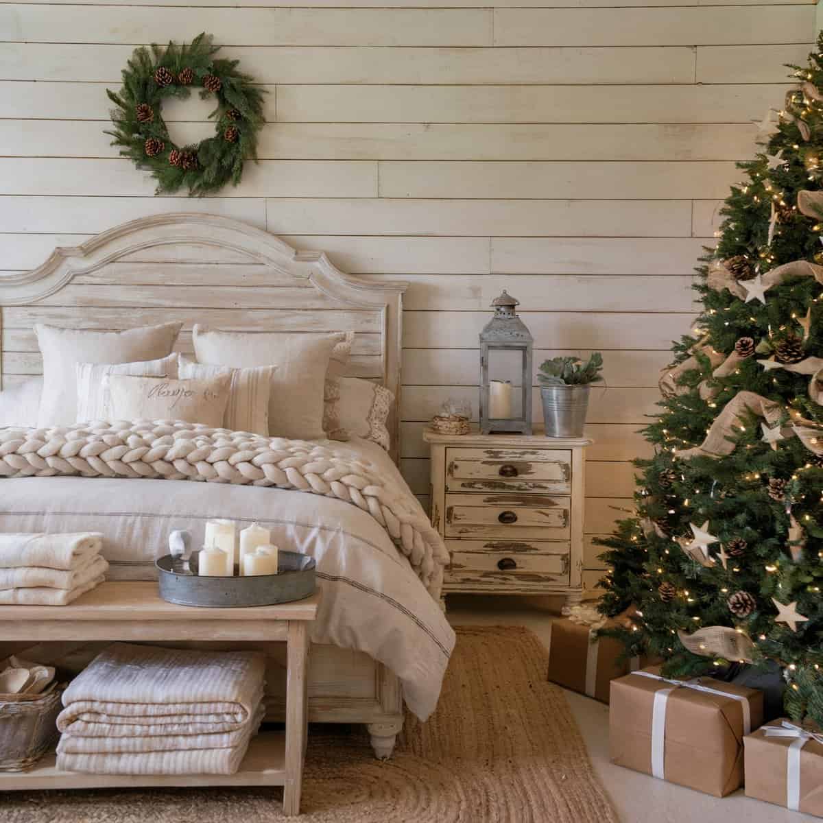 Farmhouse Christmas Bedroom Decor with Neutral Tones