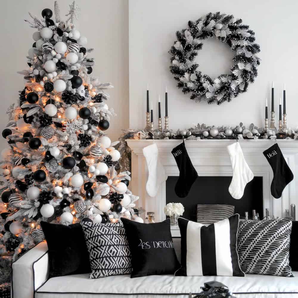 Modern Black and White Christmas Living Room