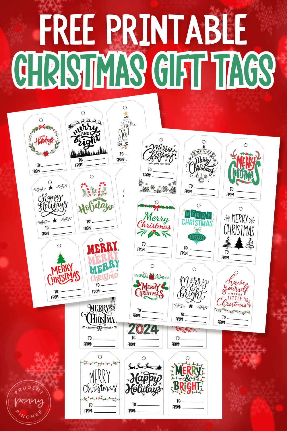 free printable christmas gift tags on a red snowflake background