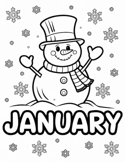 A January-themed coloring page featuring a smiling snowman in a top hat surrounded by snowflakes.