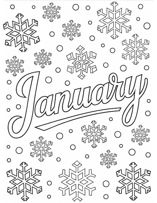 The word "January" written in a stylish script surrounded by snowflakes and snow.
