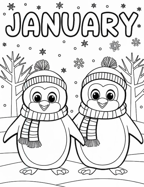 two penguins wearing scarves and standing in a snowy landscape with snowflakes in the background.