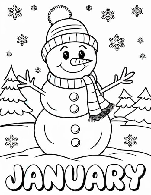  a snowman with a scarf and hat surrounded by snow-covered trees and snowflakes.