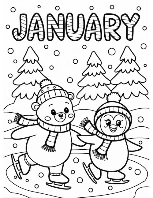 A bear and penguin ice skating in a snowy forest with the word "January" written above them.