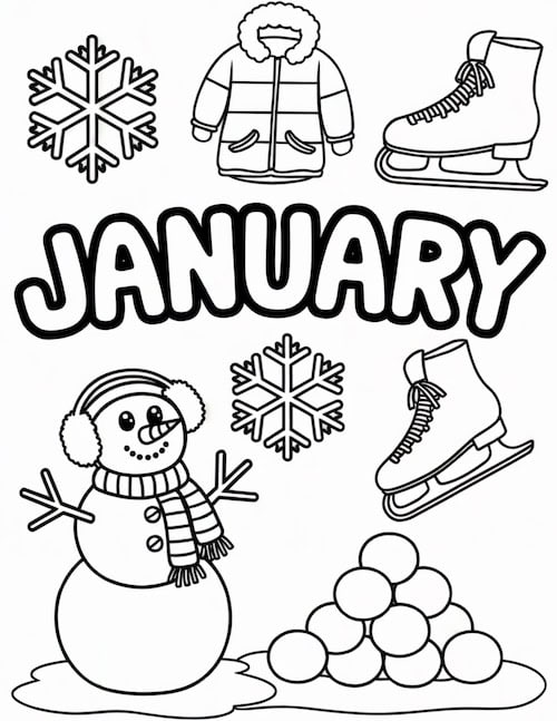 A coloring page featuring a snowman, snowflakes, ice skates, a jacket, and snowballs with the word "January."