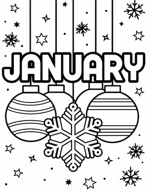  January-themed ornaments, a snowflake, and stars hanging in the background.