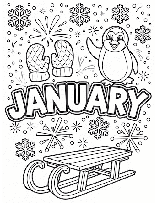 a sled, mittens, a penguin, snowflakes, and fireworks with the word "January."