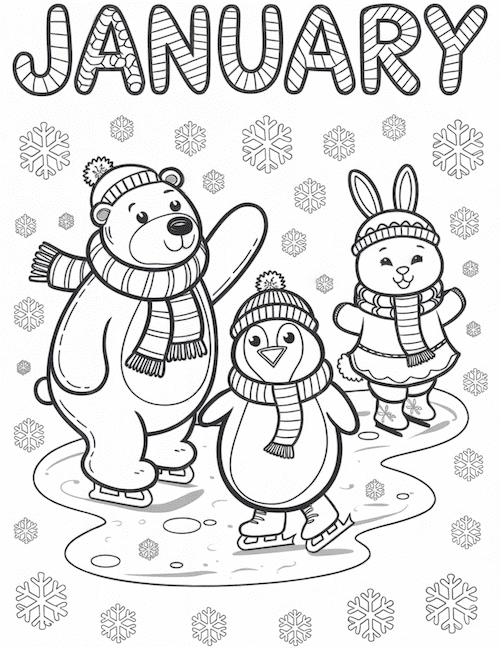 A coloring page of a bear, penguin, and bunny ice skating on a pond surrounded by snowflakes and the word "January."