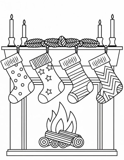 coloring page featuring a cozy fireplace with four stockings hung on the mantel, decorated with candles and greenery