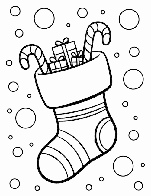 striped stocking filled with small presents and candy canes, decorated with floating bubbles.