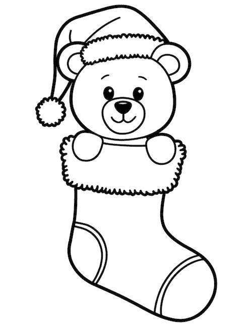 cute teddy bear wearing a Santa hat, peeking out of a cozy stocking.