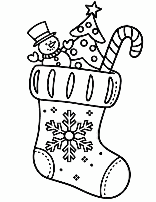 festive stocking filled with a snowman, a Christmas tree, and a candy cane, adorned with a large snowflake on the front.