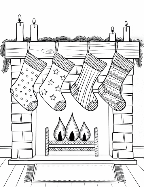 rustic fireplace with four stockings hanging from a wooden mantel, decorated with candles and greenery.
