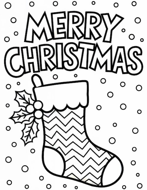 coloring sheet page with a single stocking adorned with zigzag patterns, holly leaves, and the words "Merry Christmas" above.