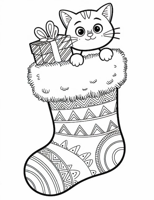  adorable cat peeking out of a patterned stocking, holding a wrapped gift.