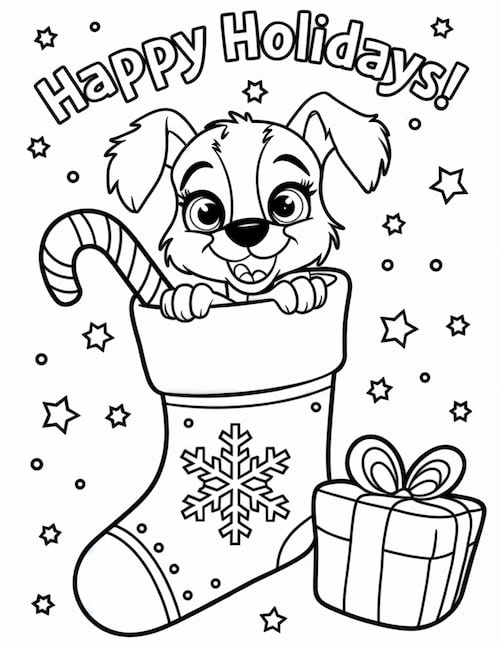  happy dog peeking out of a stocking with a candy cane, snowflakes, and a wrapped gift beside it, along with "Happy Holidays" above.