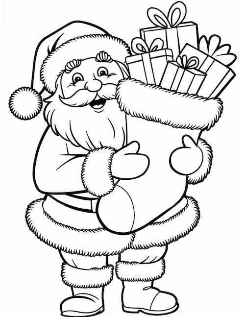 Santa Claus holding a large stocking filled with gifts, dressed in his classic festive outfit.
