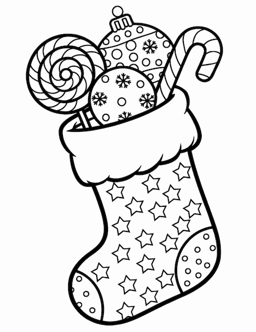 coloring page with a stocking filled with holiday treats like lollipops, candy canes, and ornaments decorated with stars.