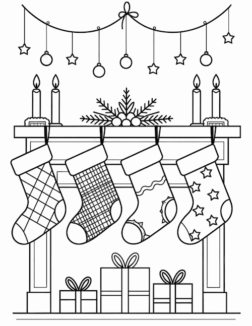  unique stockings hanging from a mantel, surrounded by candles, ornaments, and gift boxes beneath.