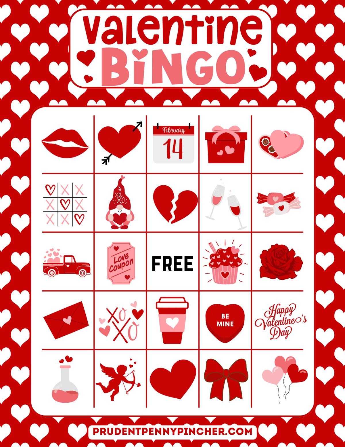 free printable card with a red heart background and Valentine's day symbols.