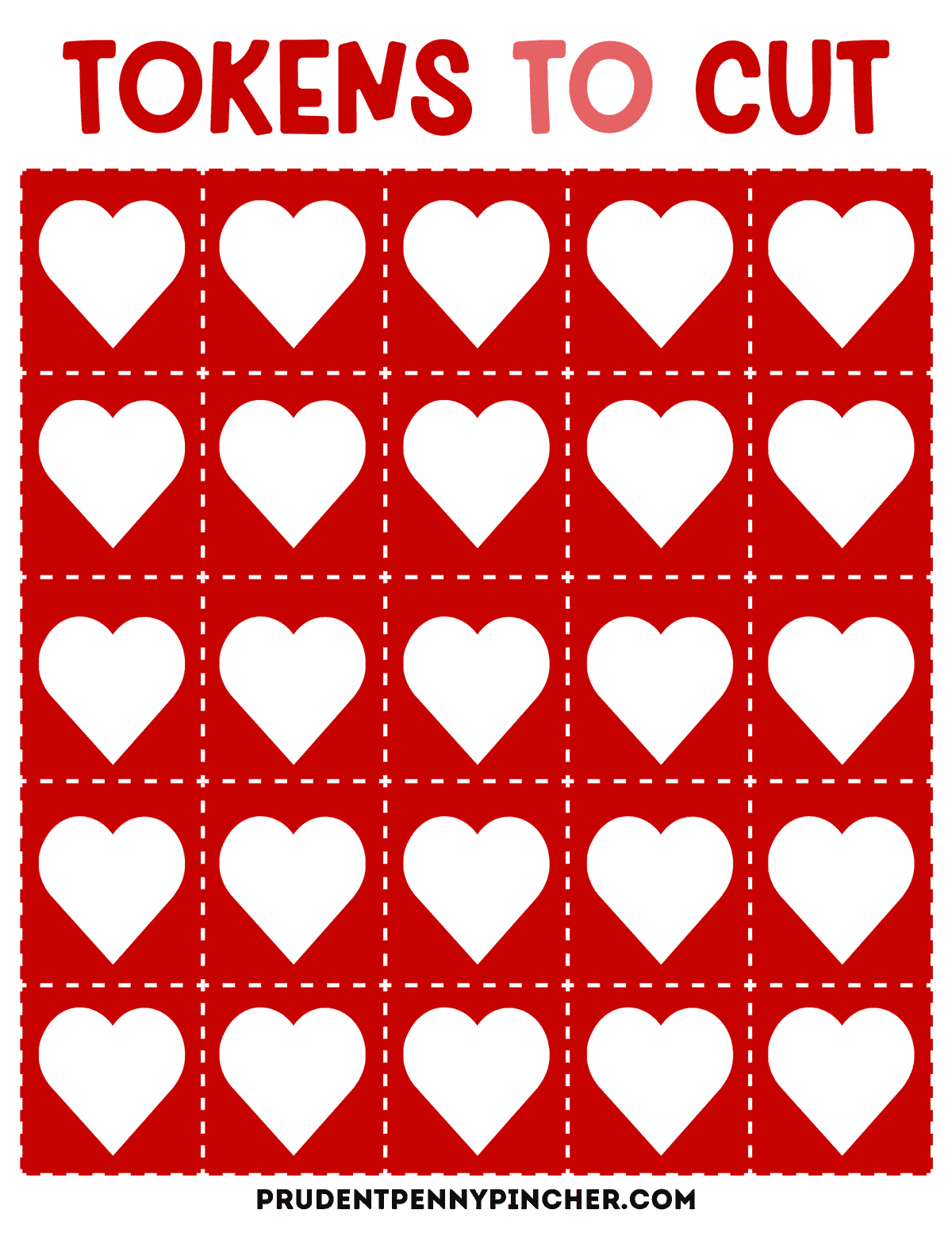 tokens with white hearts on a red background, ready to cut and use as bingo markers.