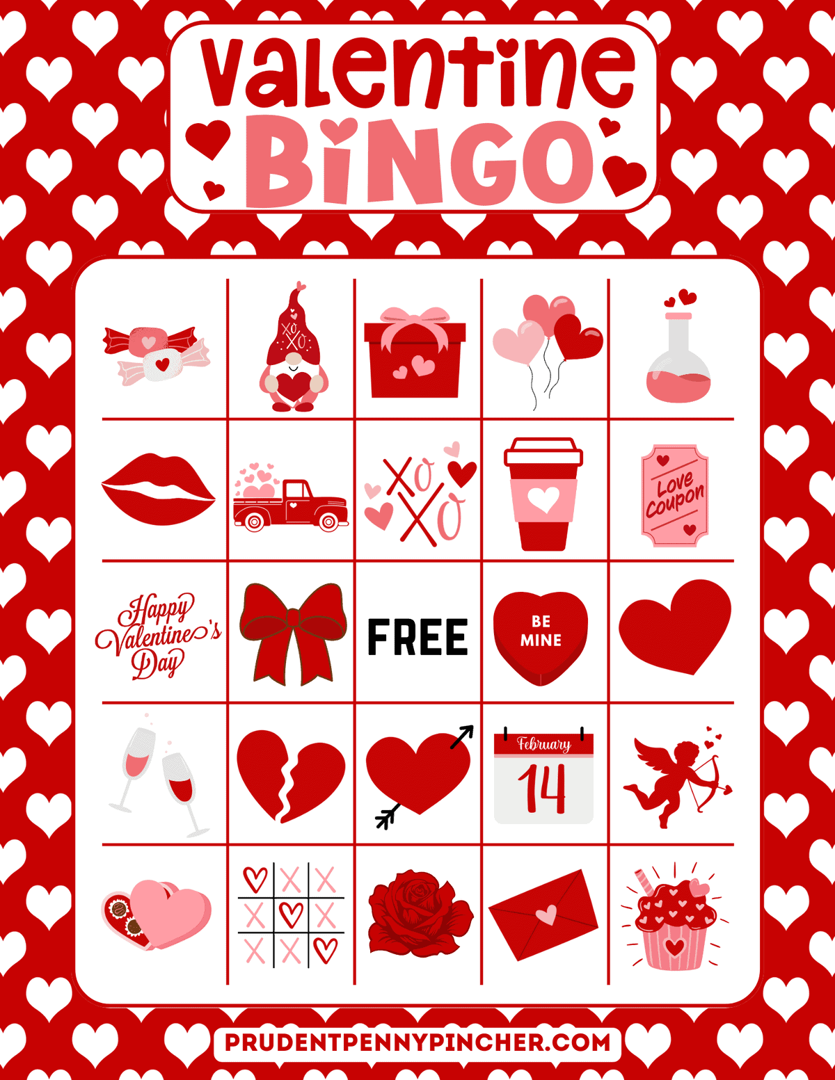 free printable Valentine's Day bingo card with festive symbols.