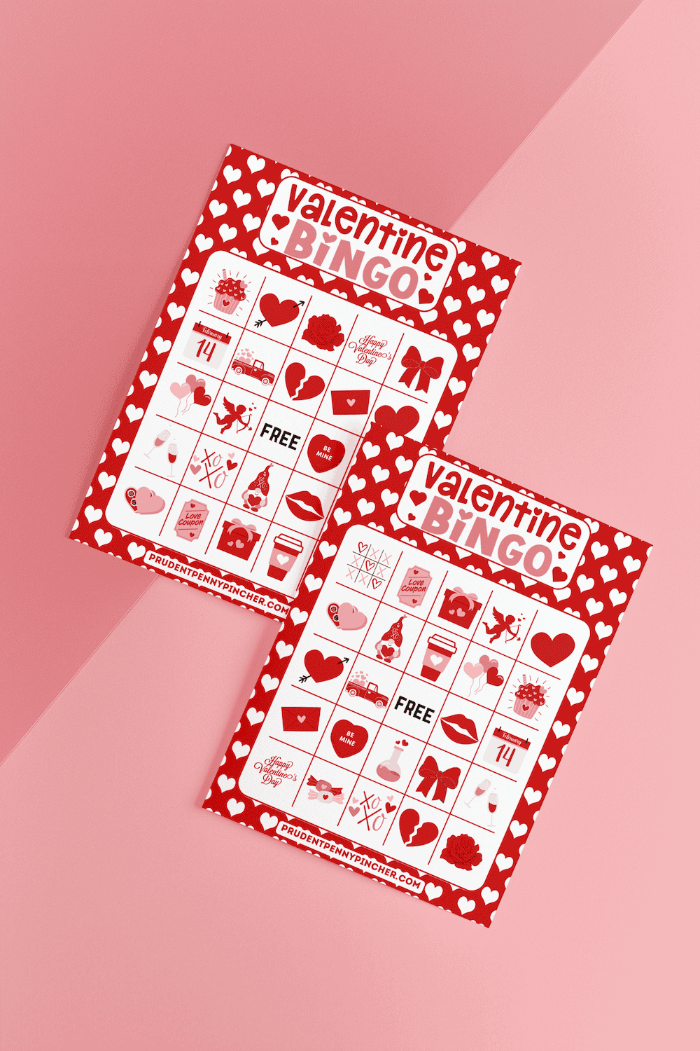 Two bingo cards on a pink background, decorated with red hearts, balloons, bows, and other love-themed icons.