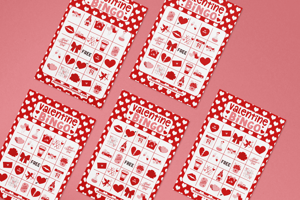 Four cards with red and white heart designs, featuring festive illustrations such as hearts, roses, and love-themed symbols.